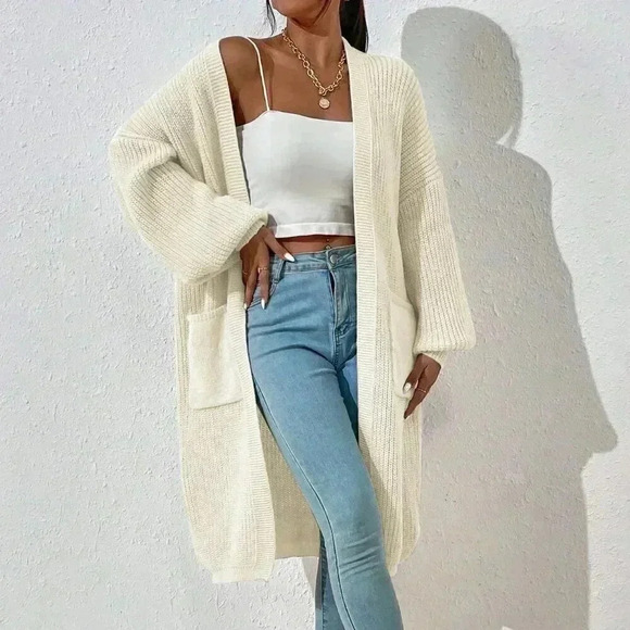 Beige Casual Women's Dual Pocket Drop Shoulder Open Front Cardigan - Picture 1 of 8